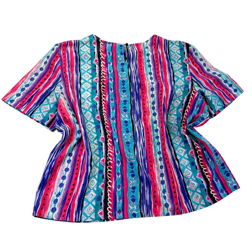 Vintage Katie Brooke Womens XL Blouse Multi Color Geometric Stripe SS 1017C5